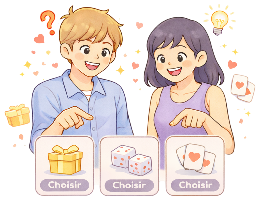 Illustration d'un couple qui choisit un mini-jeu ensemble.