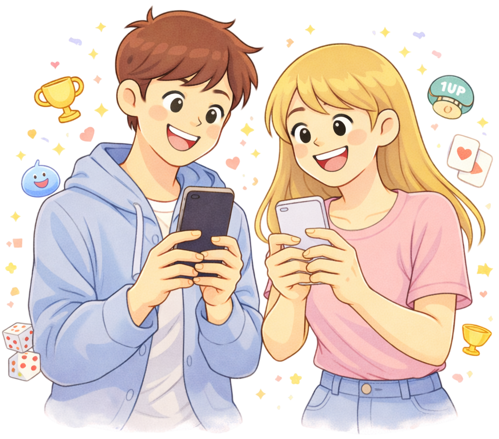 Illustration d'un couple qui joue ensemble sur son telephone.